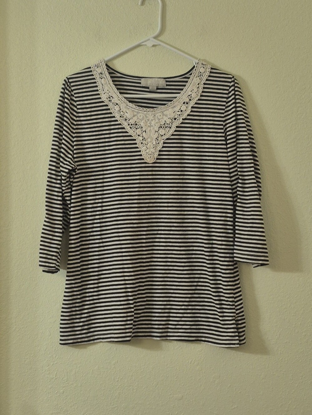 Carolyn Taylor Black & White Striped Long Sleeve Top with Lace V
